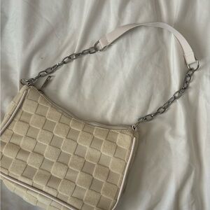 Cream Quilted Shoulder Bag with Silver Accents